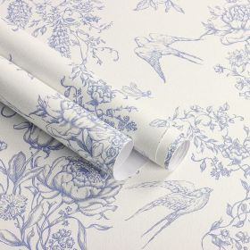 Cream White and Blue Peel and Stick Wallpaper Vintage Floral Contact Paper 16.9"x 118.1" Blue Floral Wallpaper Peel and Stick Birds Self Adhesive