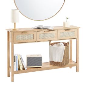 VEVOR Rattan Console Table with 3 Storage Drawers, Rattan Entryway Table with Natural Rattan Sliding Door, Console Sofa Table for Living Room, St