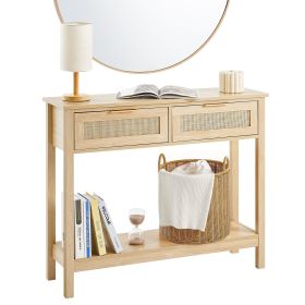 VEVOR Rattan Console Table with 2 Storage Drawers, Rattan Entryway Table with Natural Rattan Sliding Door, Console Sofa Table for Living Room, St (Color: Wood Color, Form: With Shelf)
