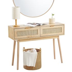 VEVOR Rattan Console Table with 2 Storage Drawers, Rattan Entryway Table with Natural Rattan Sliding Door, Console Sofa Table for Living Room, St (Color: Wood Color, Form: Without Shelf)