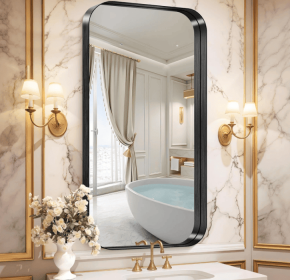 This tempered glass bathroom mirror with anti-fog and anti-break features offers a rectangular frame for wall-mounted use. Featuring a metal fram (AAR5076H20*30: AAR5076H24*32)
