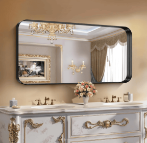 This tempered glass bathroom mirror with anti-fog and anti-break features offers a rectangular frame for wall-mounted use. Featuring a metal fram (AAR5076H20*30: AAR5076H22*30)